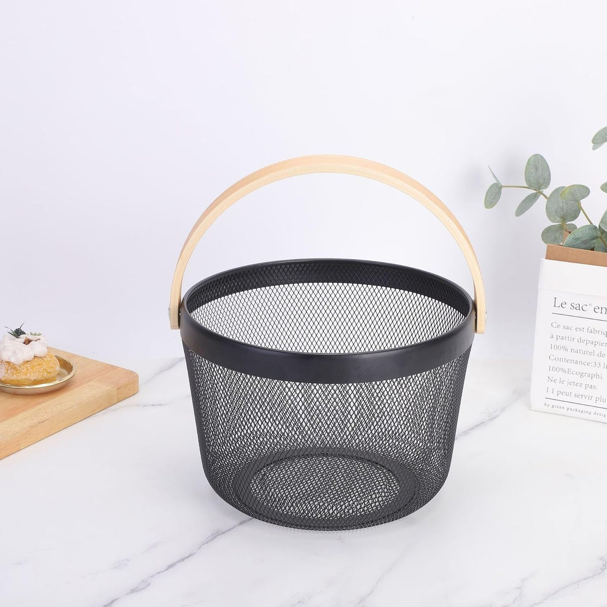 AJIODA Metal Mesh Steel Wire Basket, Round Storage Organizer Basket with Wooden Handle Multi-functional Hanging Kitchen Baskets Fruit Baskets for Kitchen Bathroom Picnic Decor Cabinet Home, White