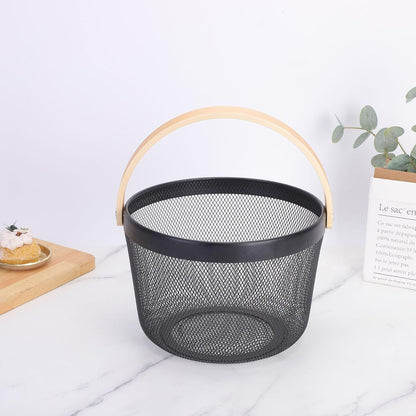 AJIODA Metal Mesh Steel Wire Basket, Round Storage Organizer Basket with Wooden Handle Multi-functional Hanging Kitchen Baskets Fruit Baskets for Kitchen Bathroom Picnic Decor Cabinet Home, White