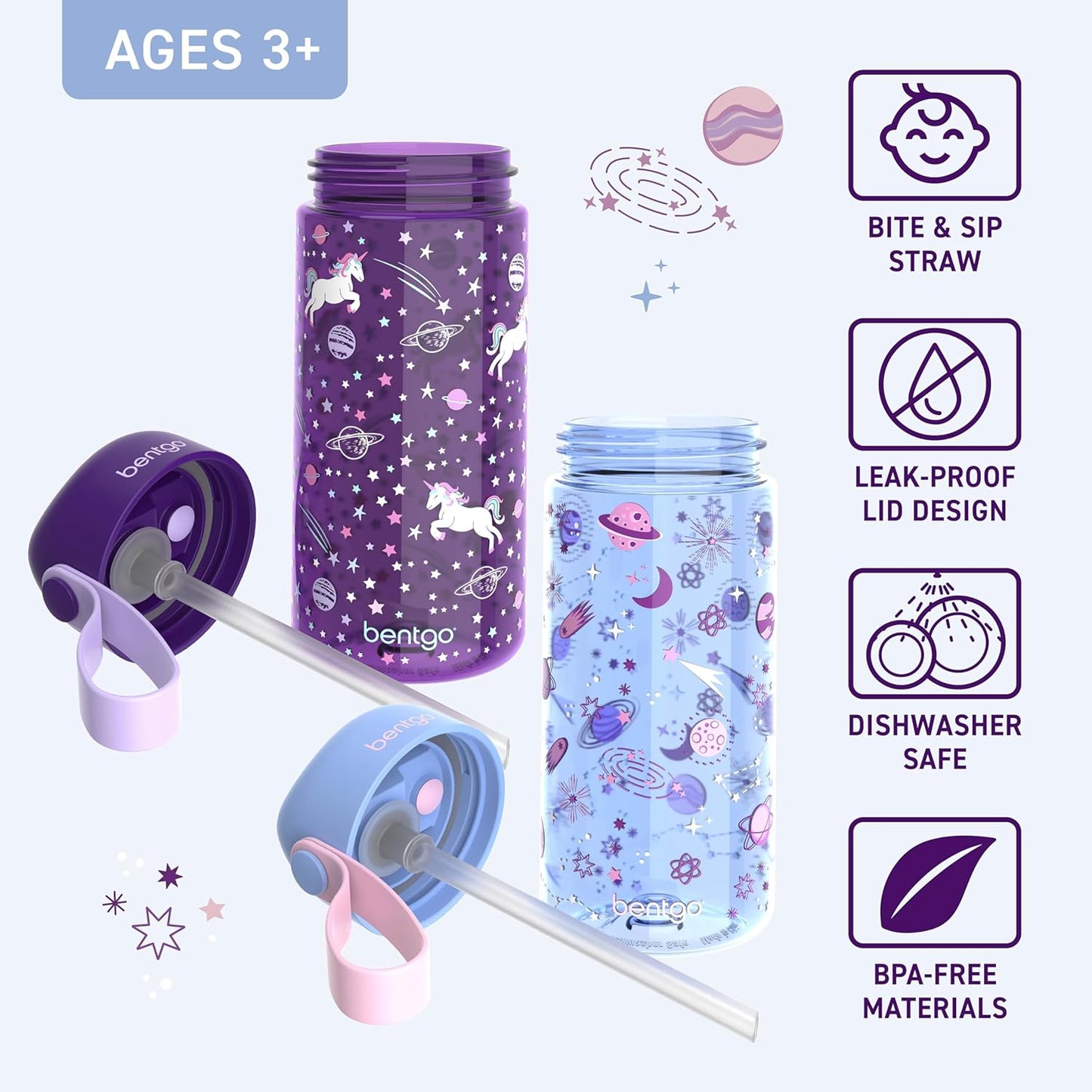 Bentgo Kids Water Bottle - Leak-Proof, Durable Tritan PFAS- & BPA-Free 15 fl oz, Kids/Toddlers Ages 3+ for School & Sports; Bite & Sip Spout, Carrying Handle, Dishwasher Safe (Unicorn)