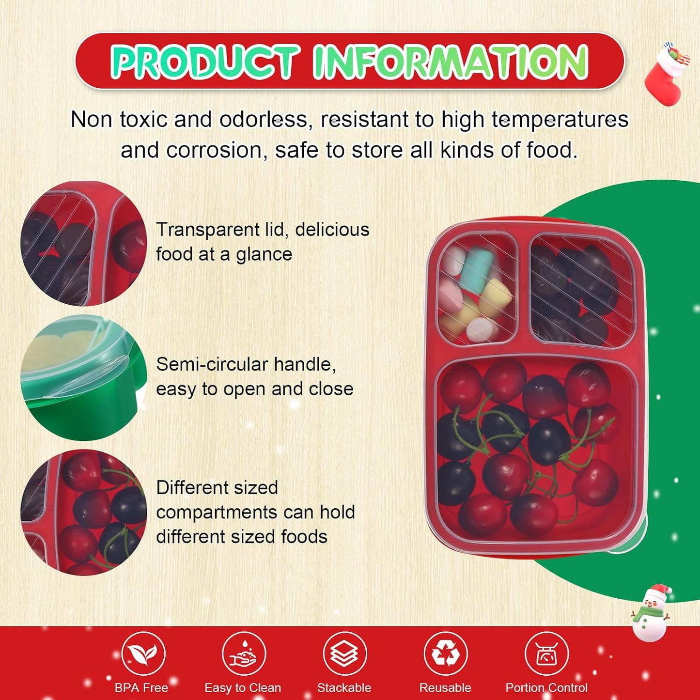 Honeydak 5 Pack Snack Containers 3 Compartment Bento Snack Boxes Divided Meal Prep Containers with Lids Reusable Adults Lunch Food Storage Box for School Work Travel(Elderberry)