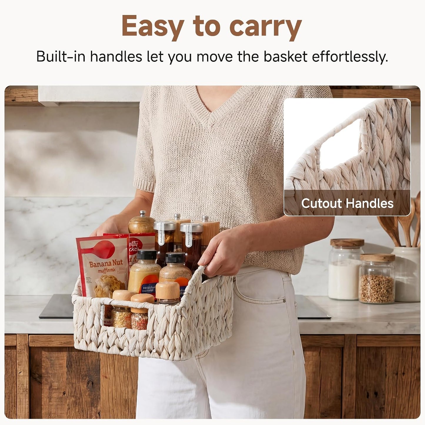 StorageWorks Water Hyacinth Pantry Storage Baskets, Wicker Baskets with Built-in Handles, Handwoven Shelf Baskets for Organizing, Pantry Organizers and Storage, 3 Pack