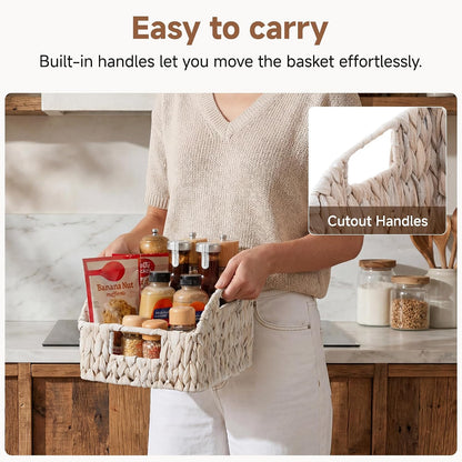 StorageWorks Water Hyacinth Pantry Storage Baskets, Wicker Baskets with Built-in Handles, Handwoven Shelf Baskets for Organizing, Pantry Organizers and Storage, 3 Pack