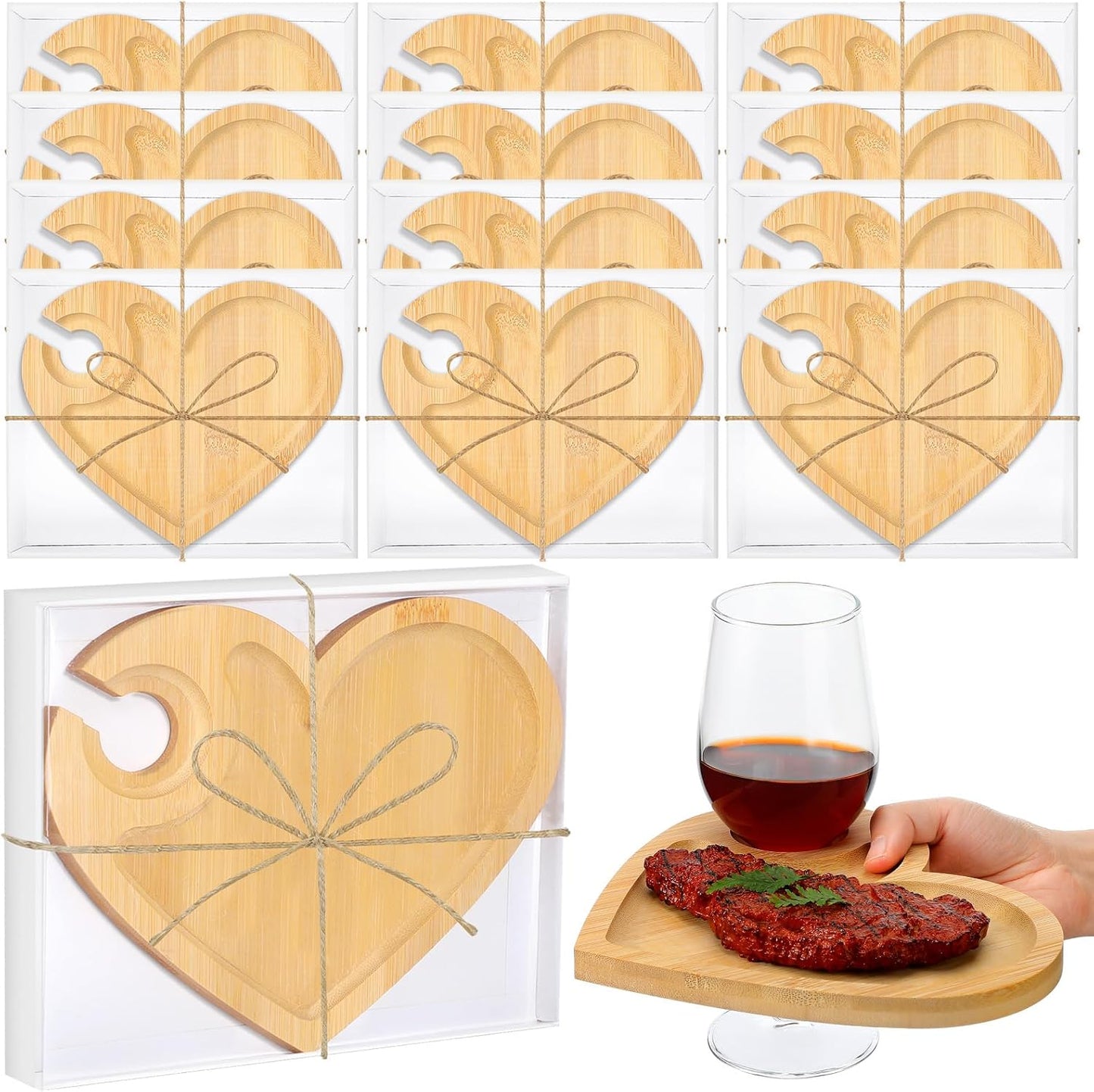 Menkxi 12 Set Wine Appetizer Plates Mini Charcuterie Boards with Wine Glass Holder and Box Gifts for Bridal Shower Game Prizes Wooden Cocktail Cheese Plate for Guests Baby Shower(Heart,Light Color)