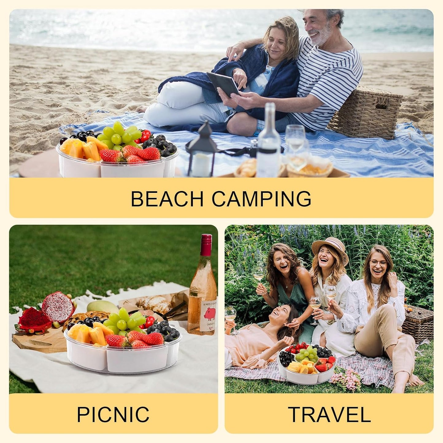 6 Compartment Snack Box Container with Lid and Handle, Divided Serving Tray with 360° Rotating Base, Snack Containers for Adults, Veggie Fruit Tray for Kitchen, Parties, Travel (cream color)