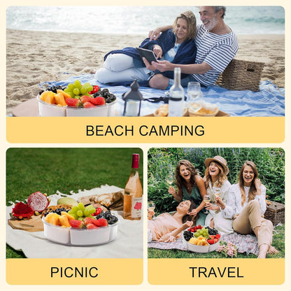 6 Compartment Snack Box Container with Lid and Handle, Divided Serving Tray with 360° Rotating Base, Snack Containers for Adults, Veggie Fruit Tray for Kitchen, Parties, Travel (cream color)