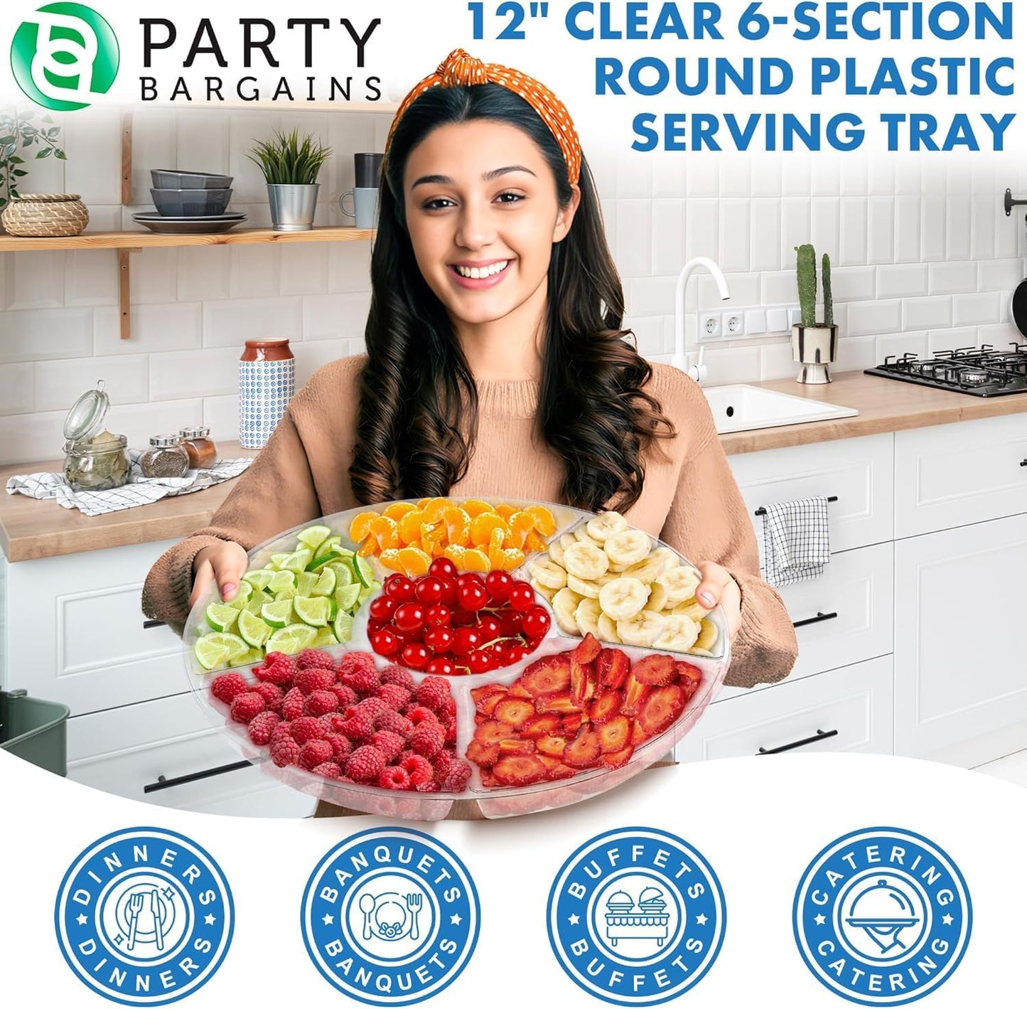 PARTY BARGAINS 12" Round Plastic Serving Tray, 6-Sections, Clear, Pack of 1