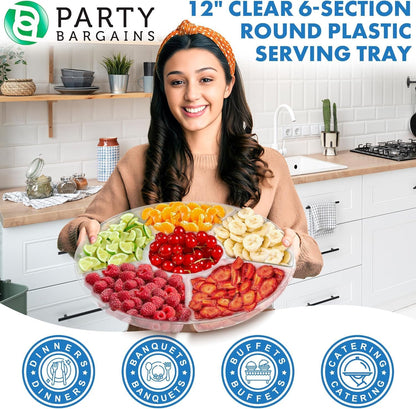 PARTY BARGAINS 12" Round Plastic Serving Tray, 6-Sections, Clear, Pack of 1