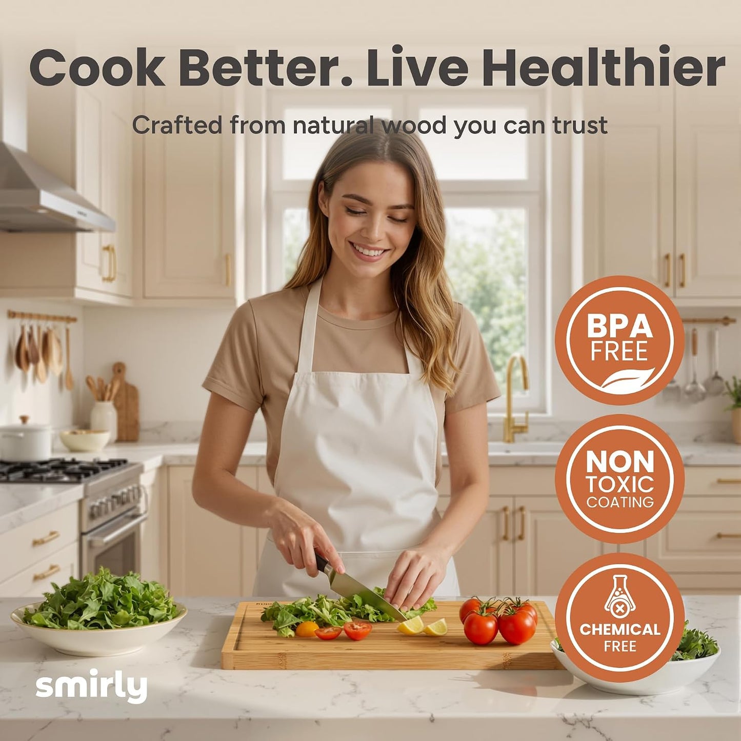 SMIRLY Walnut Cutting Board for Kitchen - Wood Cutting Boards with Handle and Juice Groove for Meal Prep, Serving, Charcuterie - Kitchen Gadgets - Non Toxic Wooden Chopping Board Set of 3 with Holder