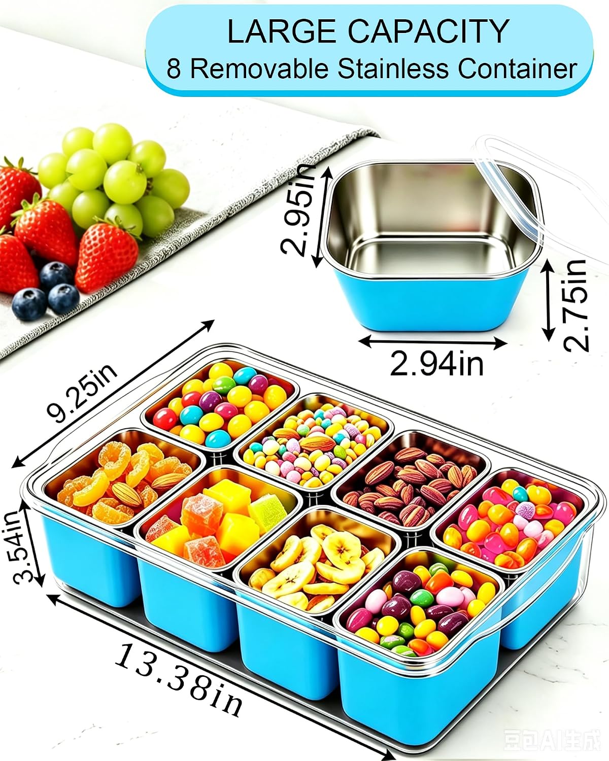 Snackle Box Container, Stainless Steel Divided Serving Tray with Lid and Handle, Large Snack Tray for Fruit Veggie Candy, 8-Compartment Snack Platter for Travel Party Beach Picnic