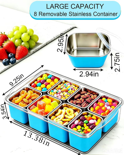 Snackle Box Container, Stainless Steel Divided Serving Tray with Lid and Handle, Large Snack Tray for Fruit Veggie Candy, 8-Compartment Snack Platter for Travel Party Beach Picnic