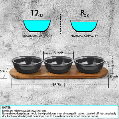 Artena 6oz Turquoise Solid Ceramic Chips and Dip Serving Platter with Acacia Wooden Tray, 4.5inch Glazing Small Serving Bowls/Dipping Dishes for Condiments,Side Dishes, Dipping, Pre, Dessert, Salsa