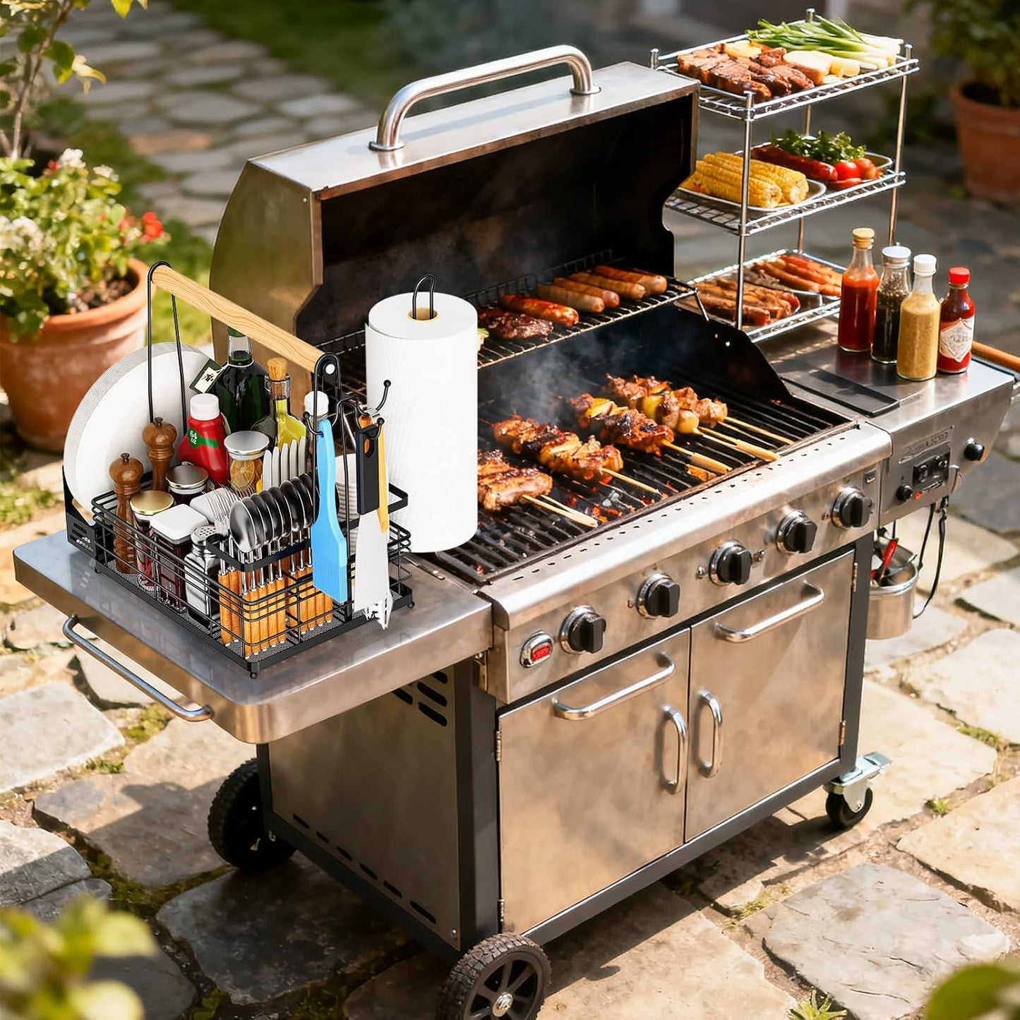JBBTOOL Grill Caddy, BBQ Caddy for Outdoor Grill with Paper Towel Holder, Picnic Condiment Utensil Storage, Camping Essentials, RV, Tailgating Essentials, Grilling Accessories, Gifts for Men