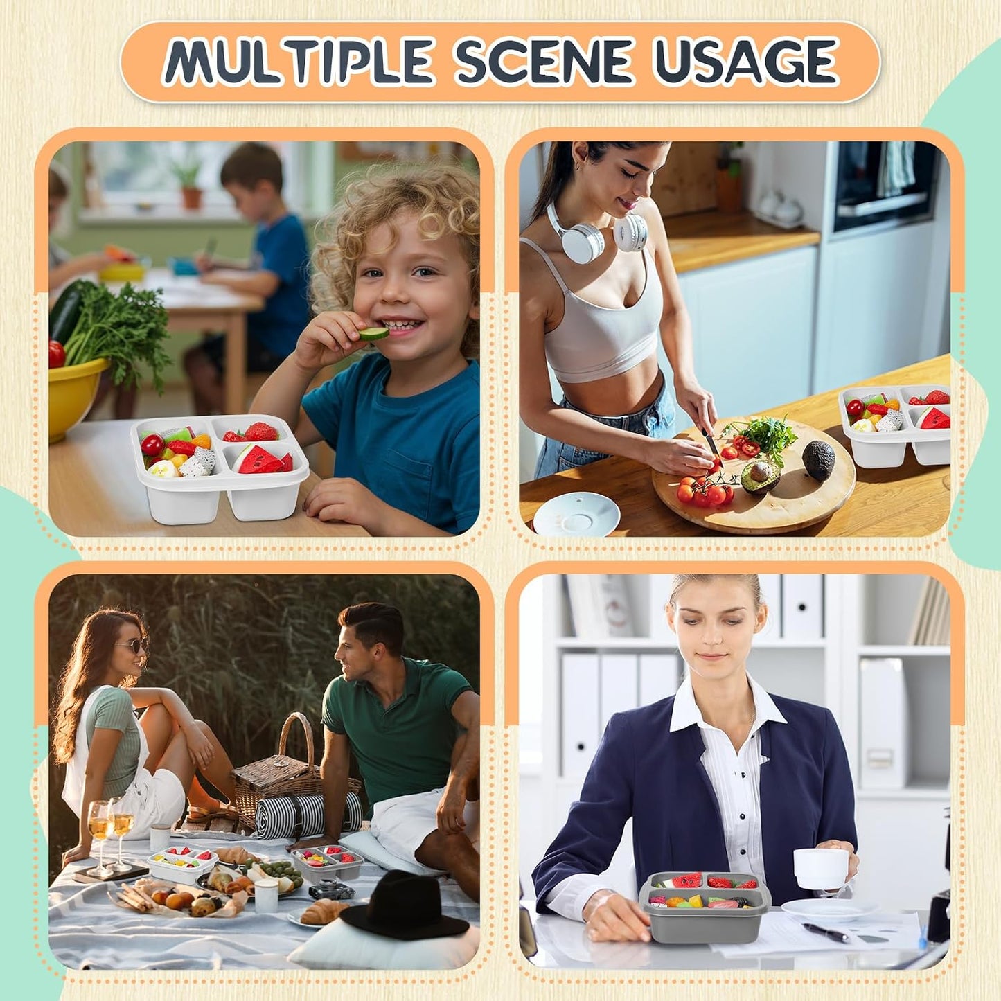Honeydak 5 Pack Snack Containers 3 Compartment Bento Snack Boxes Divided Meal Prep Containers with Lids Reusable Adults Lunch Food Storage Box for School Work Travel(Elderberry)