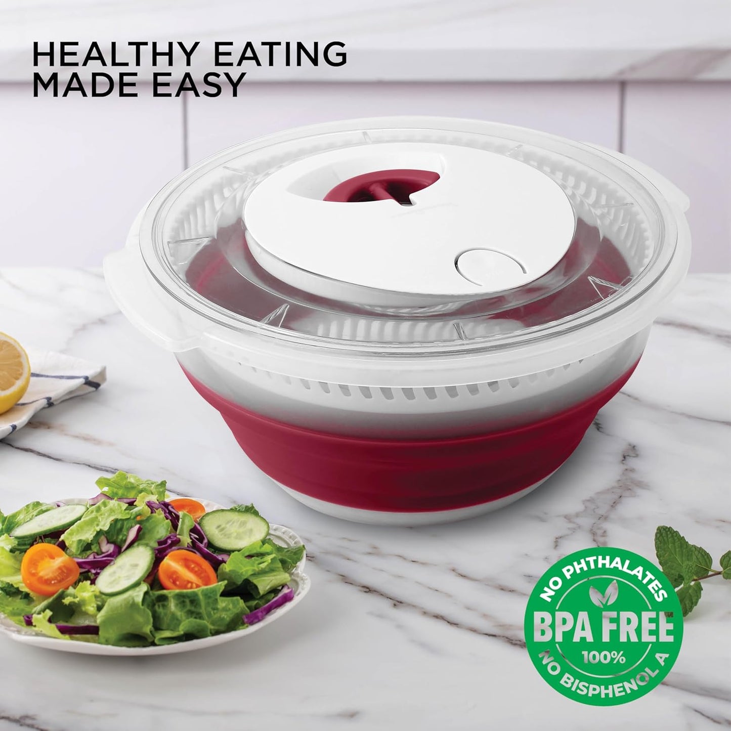 COOK WITH COLOR Collapsible Salad Spinner - 4 QT Space Saving Lettuce Dryer with Folding Collapsible Colander Great for Washing and Drying Fruit and Vegetables (Grey)