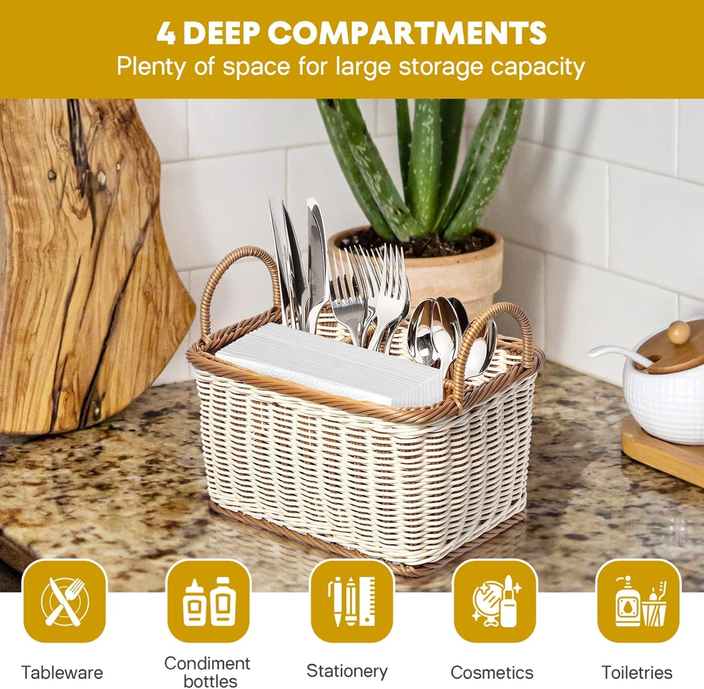 Cabilock Silverware Caddy Woven Basket Cutlery Holder, Napkin and Utensil Picnic Basket Silverware Organizer Utensil Holder for Kitchen Countertop with Handle