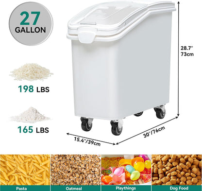 YITAHOME 50L/90lb Large Ingredient Flour Storage Bin, Commercial 11.4-Gallon Rice Storage Container 280 Cups Bulk Flour storage Bins with Wheels,Scoop,Lid and scale, Rice Bin for Kitchen, White