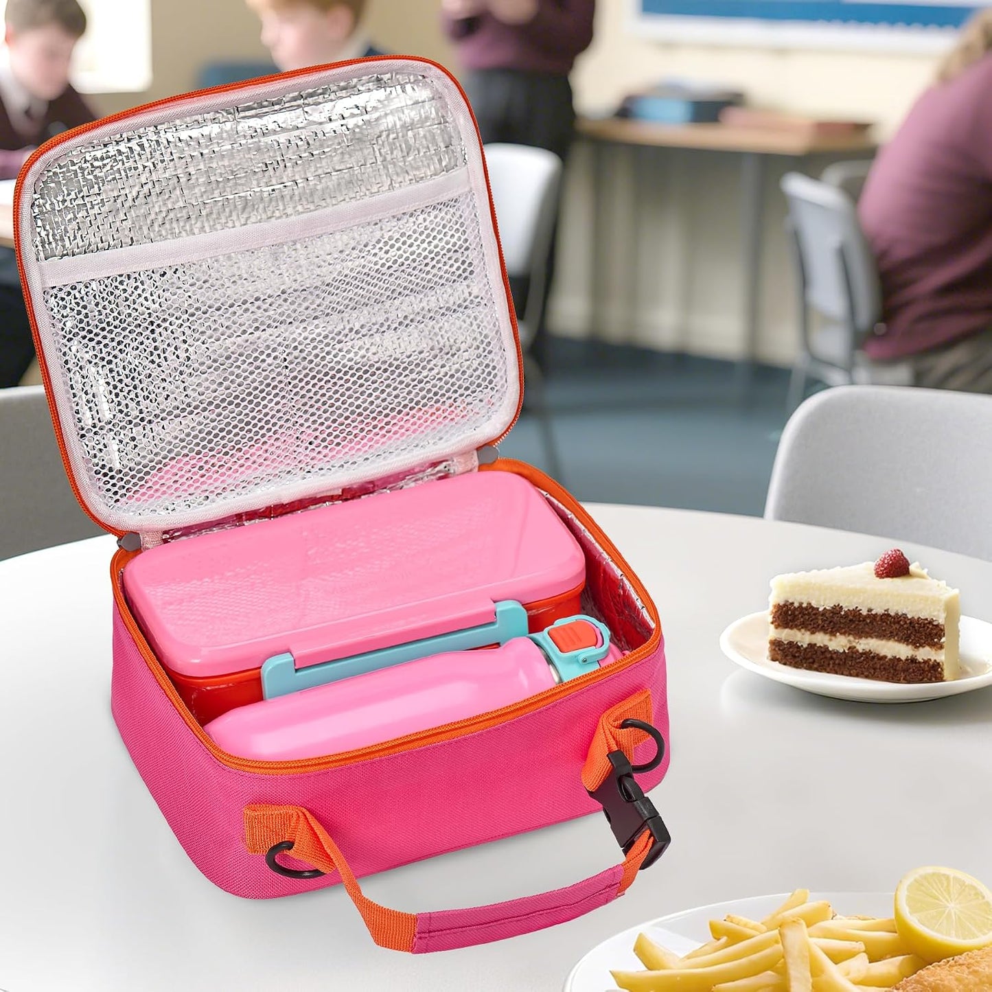 PIQUEBAR Kids Lunch Box with 8oz Thermo, Leakproof Bento Box with Insulated Bag, Kids Insulated Water Bottle with Straw, Food Lunch Container for Back to School Girls, Pink