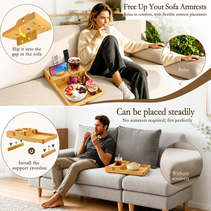 2-in-1 Bamboo Couch Tray – Insert & Flat Sofa Organizer with Anti-Slip Base,360° Rotating Phone Holder,Cup Holder, 15.3x9.8 in, Fit Seat Gaps or Armless,Sectional Sofa