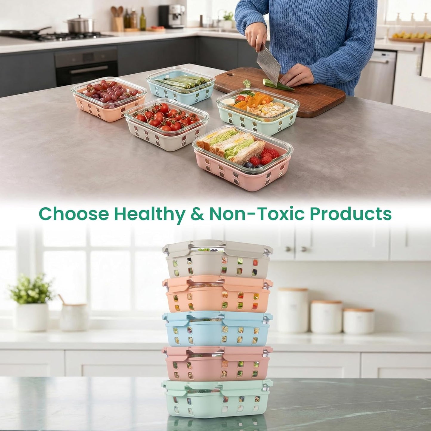 GENICOOK Glass Food Storage Containers With Glass Lids Bento Box Set Lunch Box Eco Friendly Meal Prep Containers Airtight – Plastic Free, Silicon Sleeve Bpa Free 4.4cup/ 5 * 1050ml