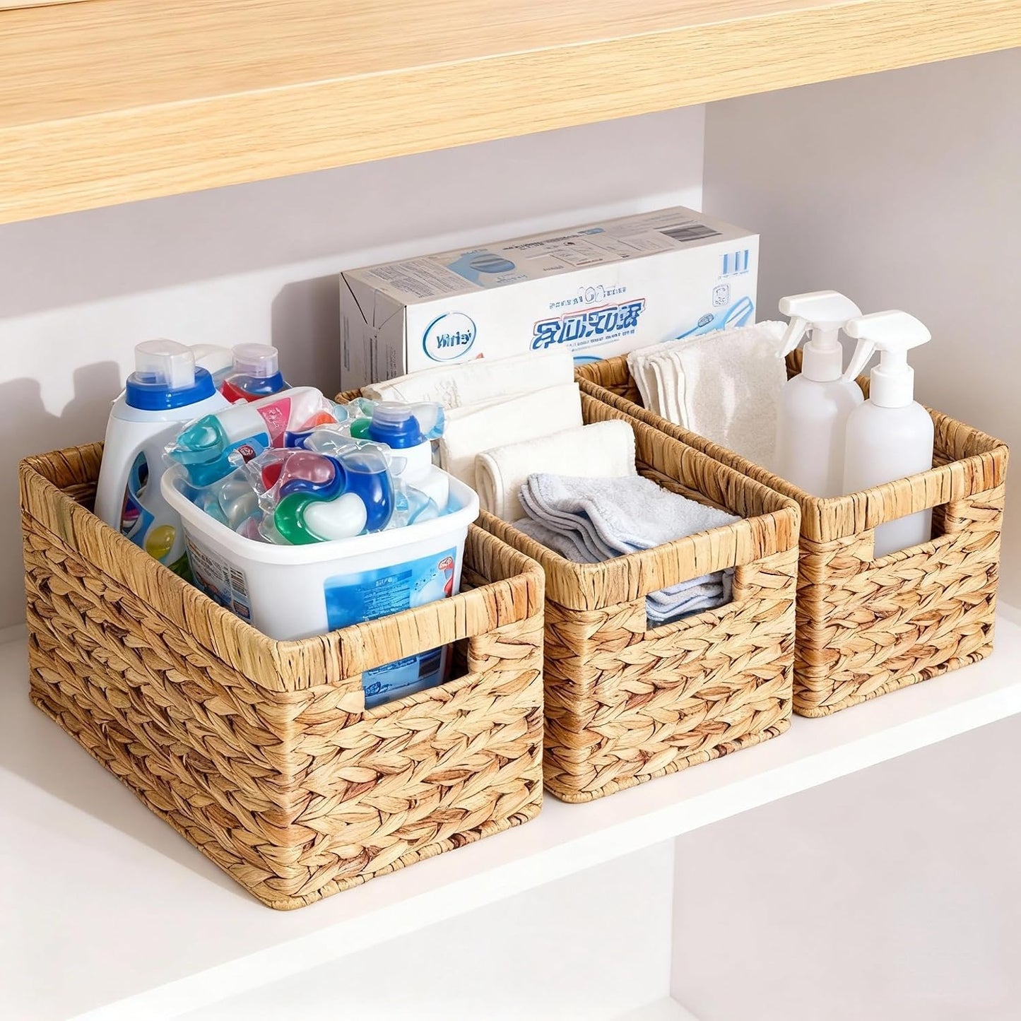 Water Hyacinth Storage Baskets for Shelves Set of 4 — Wicker Baskets for Storage and Organizing, Woven Shelf Baskets with Handles for Pantry, Kitchen, Bathroom and Bedroom, 13" x 8.25" x 7"