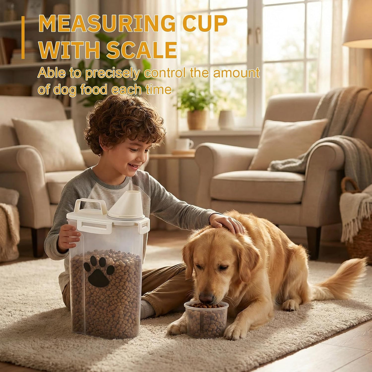 1 Pack Upgraded Dog Food Storage Container with Measuring Cup, Portable Pet Food Containers with Upgraded Large Spout and Cup for Dogs, Cats, Birds, Small Animals (Cream)