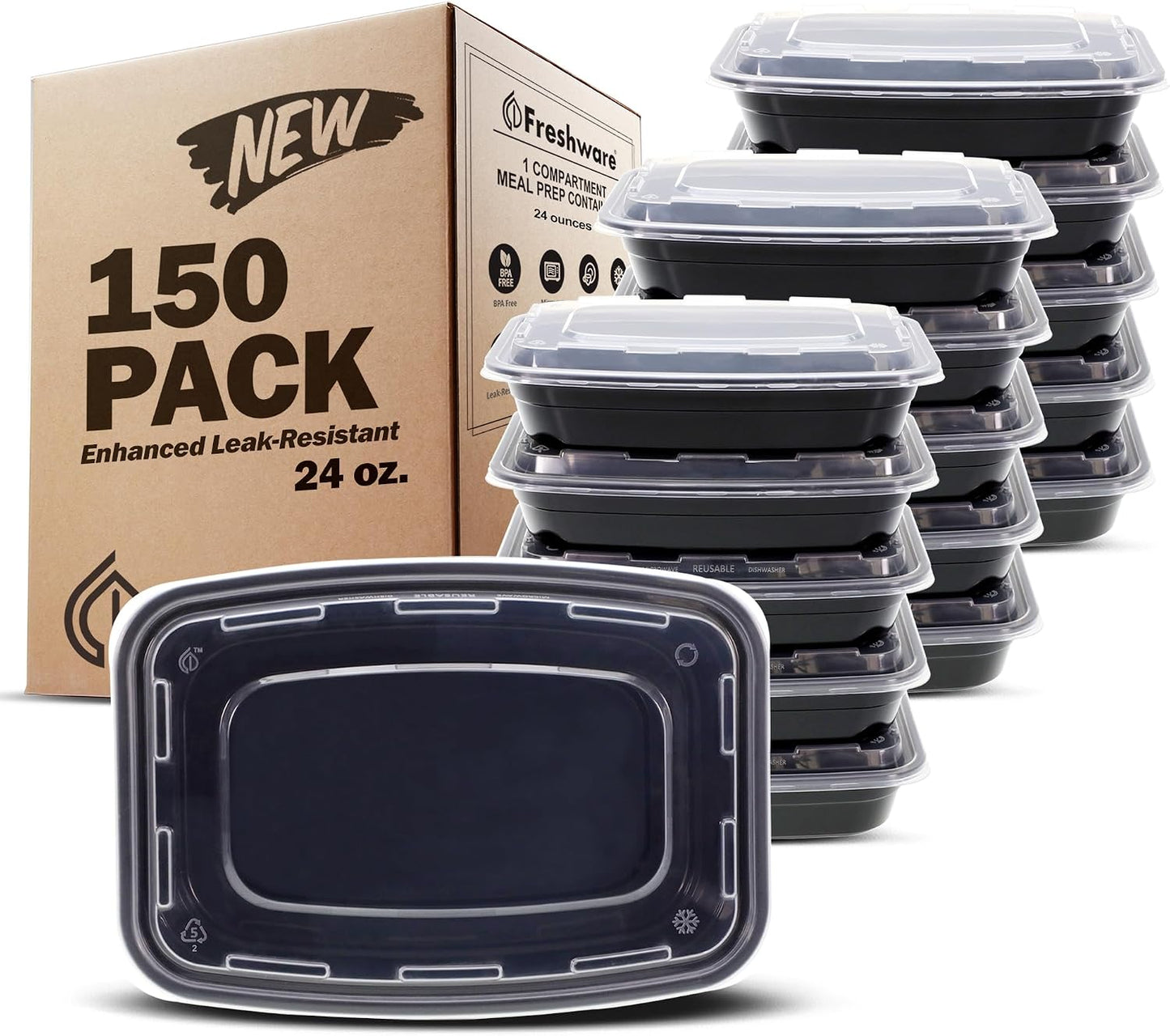 Freshware Meal Prep Containers [50 Pack] 1 Compartment with Lids, Food Storage Containers, Bento Box, BPA Free, Stackable, Microwave/Dishwasher/Freezer Safe (28 oz)
