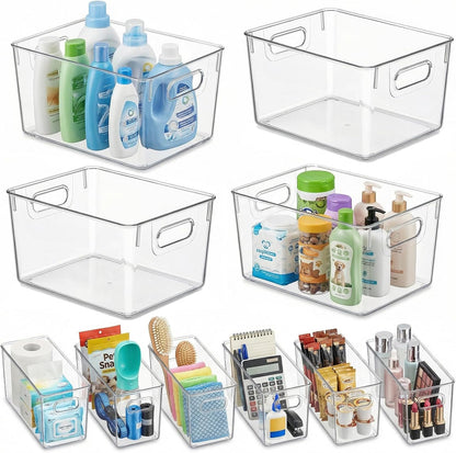 MOONEDGE 6 Pack Clear Organizer Bins 11x8x6in Pantry Organizers and Storage | Clear Containers for Organizing, Plastic Storage Bins with Handles for Drawer, Craft, Fridge, Kitchen Cabinet Shelf