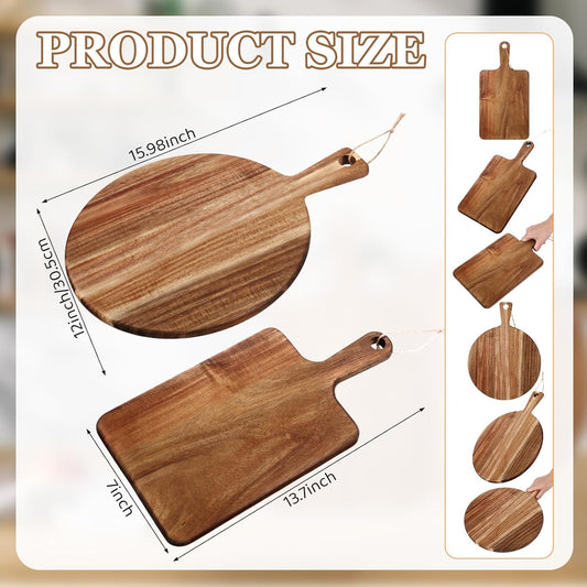 Hsei 2 Pcs Acacia Wood Cutting Board with Handle Wooden Charcuterie Board Large Paddle Carving Chopping Set Butter Serving Tray for Cheese Meat Fruit Pizza Bread(Vintage Style, 16x12, 17x13 Inch)