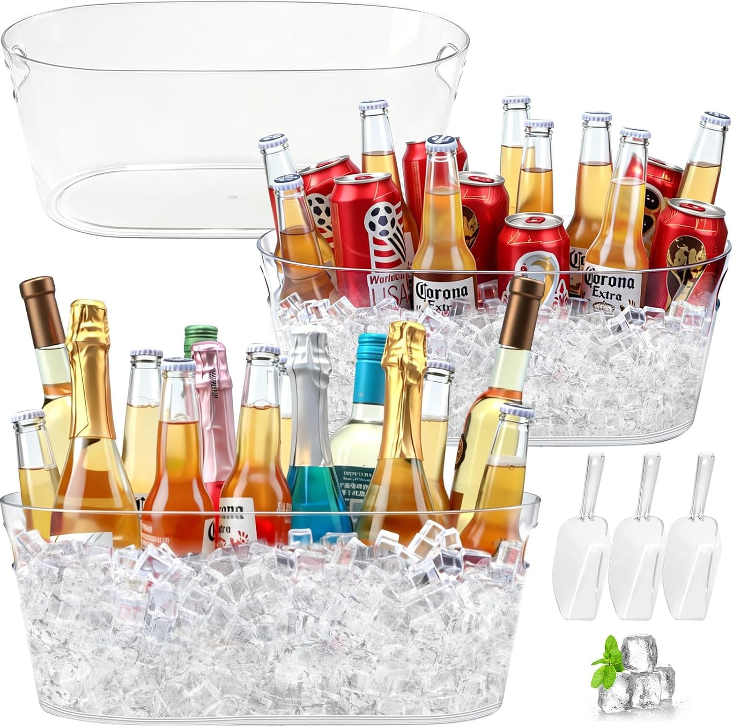 Ice Buckets for Parties 2 Packs, 15L Large Ice Bucket with 2 Scoops, Clear Acrylic Plastic Tub for Home Office Fridge Storage, Supplies for Champagne, Beer, Cocktail on Mimosa Bar Drinks and Parties