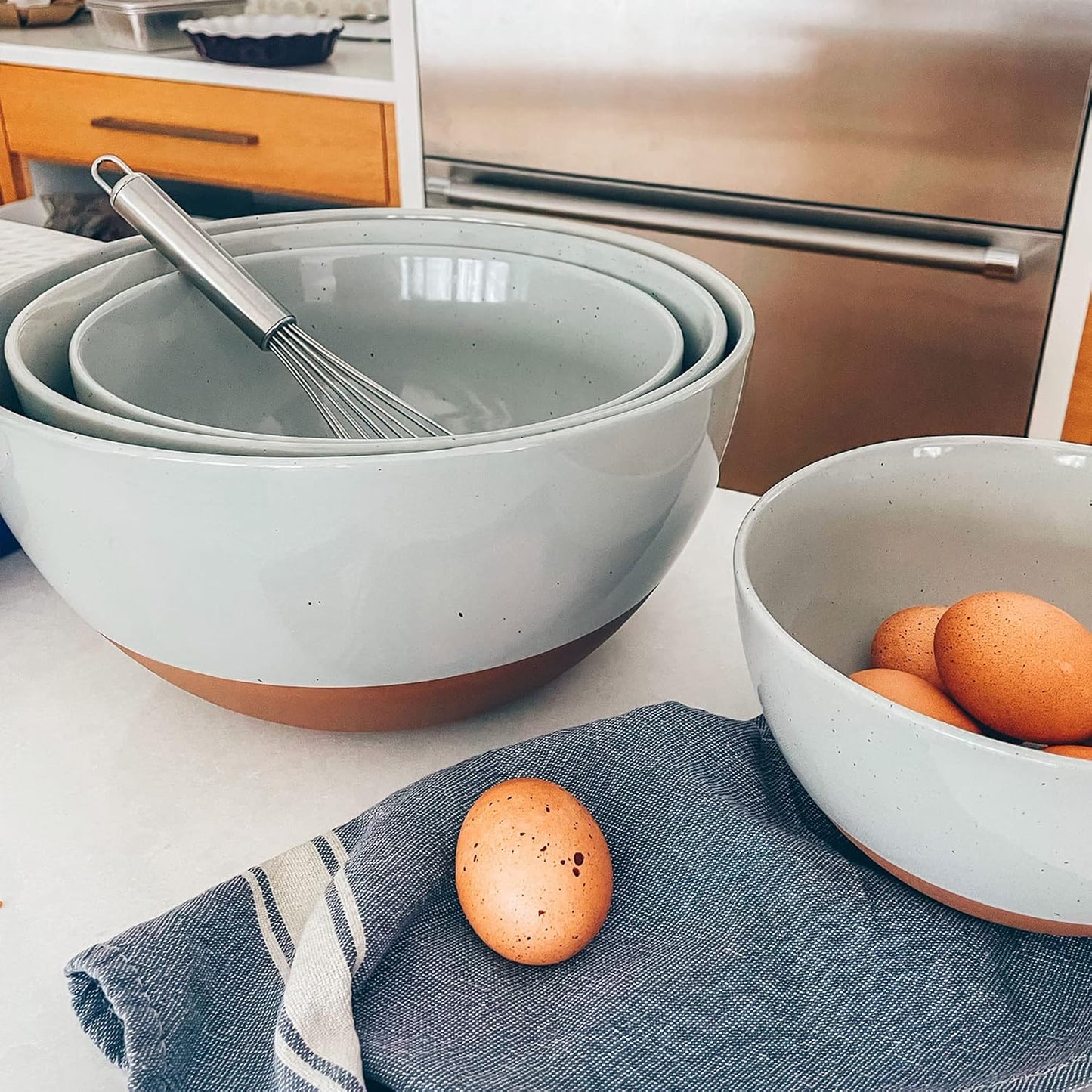 Mora Ceramic Large Mixing Bowls - Set of 2 Nesting Bowls for Cooking, Serving, Popcorn, Salad etc - Microwavable Kitchen Stoneware, Oven, Microwave and Dishwasher Safe - Extra Big 2.5 & 1.6 Qt - White