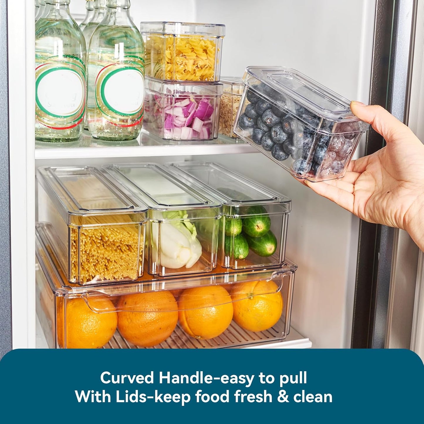 Luckore 4 Piece Refrigerator Organizer Bins, Clear Fridge Organizers and Storage, Stackable with Lids, Food Storage Containers for Fruit, Vegetable, Drinks, Cereals