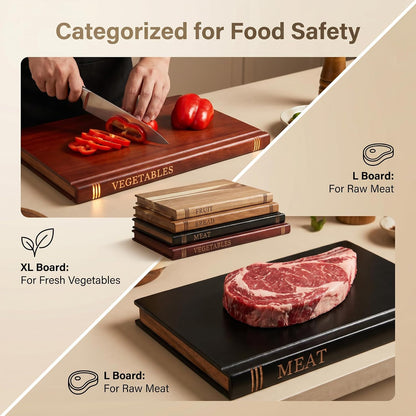 3-Piece 0.6in thickness Book Shaped Cutting Board Set - Food Safe, Non-Slip Chopping Boards for Kitchen Organization and Stylish Serving,Acacia Wood