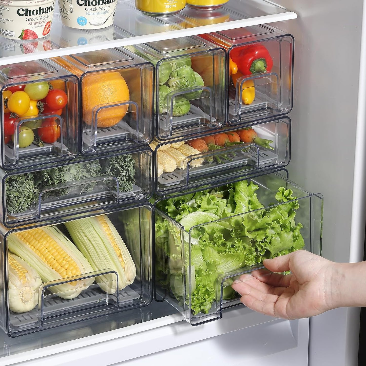 Pull Out Clear Fridge Organizer Drawers with Drainer, Refrigerator Stackable Storage Bins for Kitchen Fruit & Veggie Organization (Complete Set)