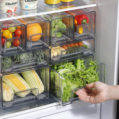 Pull Out Clear Fridge Organizer Drawers with Drainer, Refrigerator Stackable Storage Bins for Kitchen Fruit & Veggie Organization (Complete Set)
