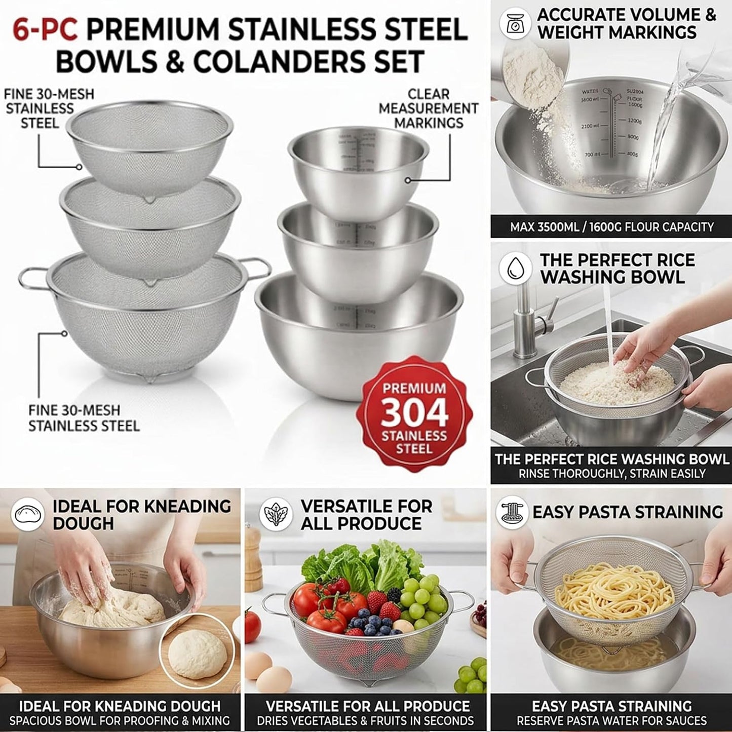 304 Stainless Steel Colander Set, 1.5QT Colander with Bowl, 30-Mesh Micro Perforated Strainer for Rice, Quinoa, Pasta, Fruits & Vegetables,2 pack