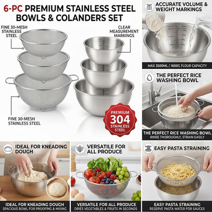304 Stainless Steel Colander Set, 1.5QT Colander with Bowl, 30-Mesh Micro Perforated Strainer for Rice, Quinoa, Pasta, Fruits & Vegetables,2 pack