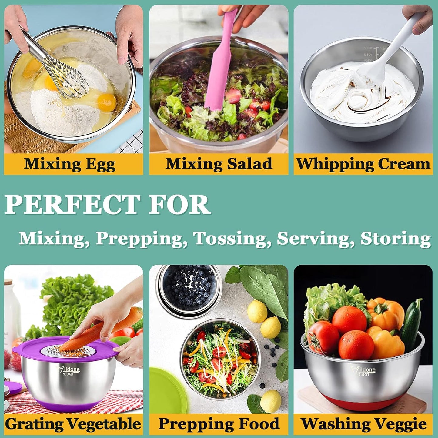 Wildone Mixing Bowls with Airtight Lids, 22 PCS Stainless Steel Nesting Bowls, with 3 Grater Attachments, Scale Marks & Non-Slip Bottom, Size 5, 4, 3, 2,1.5, 0.63QT, Ideal for Mixing & Prepping