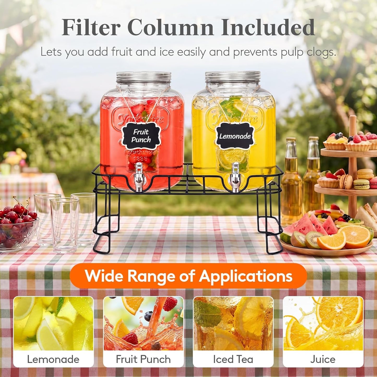 Lifewit 2 Gallon Glass Drink Dispenser for Parties, Beverage Container with Stand for Juice/Tea/Soda & Lemonade, Water Pitcher with Leakproof Spigot for Mimosa Bar, Birthday, Wedding Hosting, 2 Pcs