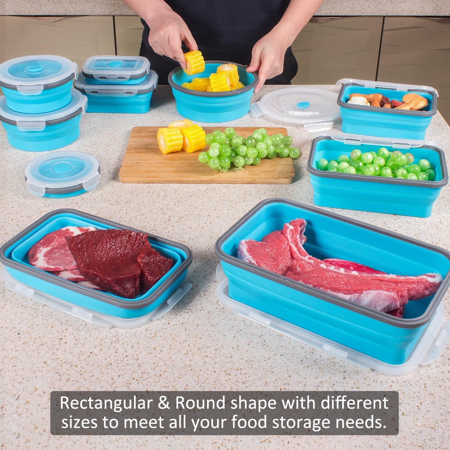 Collapsible Food Storage Containers with Lids, 4 Pack, 40 oz Silicone 1-Compartment Meal Prep Containers Reusable, Lunch Bento Boxes for Adults, Microwave Freezer Dishwasher Safe, BPA-Free, Black