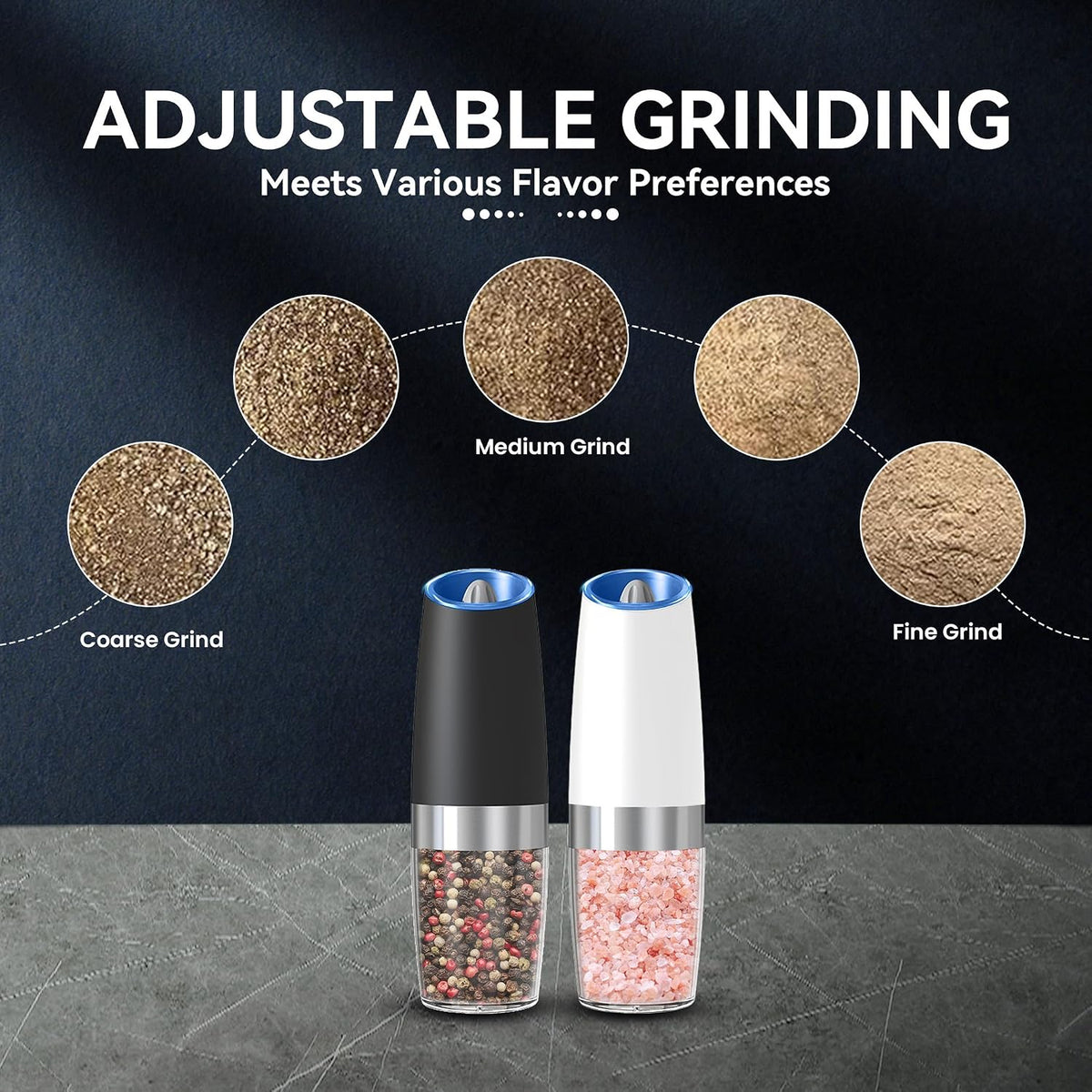 UNNEES Battery Operated Gravity Salt And Pepper Grinder Set, 2 Pcs (Black)