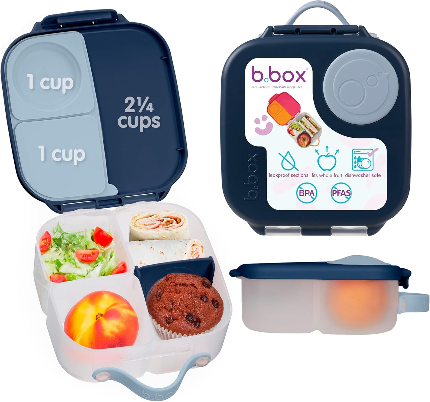 b.box Mini Lunch Box 2-Pack, Leak Proof Bento Box for Kids, 3 Compartment Snack Containers Ages 3+, Lunchbox for Daycare + School, Dishwasher Safe, BPA-Free, PFAS-Free, 4.25 Cup - Blue + Green