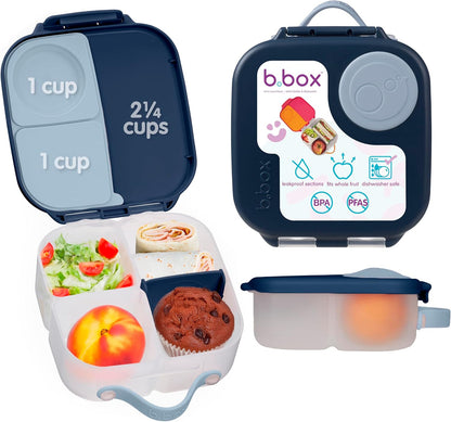 b.box Mini Lunch Box 2-Pack, Leak Proof Bento Box for Kids, 3 Compartment Snack Containers Ages 3+, Lunchbox for Daycare + School, Dishwasher Safe, BPA-Free, PFAS-Free, 4.25 Cup - Blue + Green
