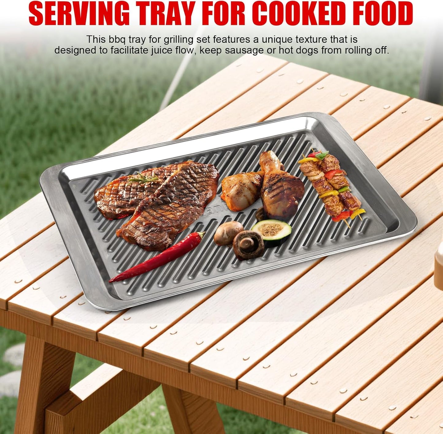Grilling Prep and Serve Trays, Set of 2 Stackable Stainless Steel BBQ Trays, Deep Marinating Container, Serving Platter for Plating Food, BBQ Prep Tub for Marinating Meats, Grill Accessories