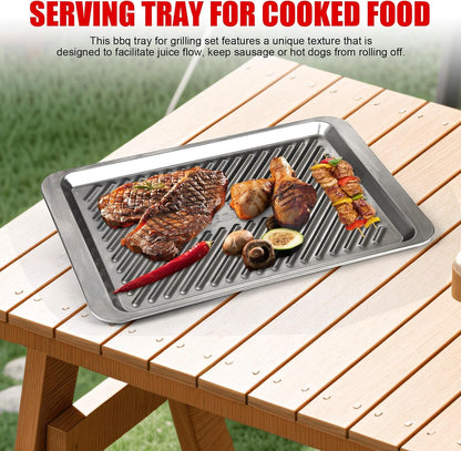 Grilling Prep and Serve Trays, Set of 2 Stackable Stainless Steel BBQ Trays, Deep Marinating Container, Serving Platter for Plating Food, BBQ Prep Tub for Marinating Meats, Grill Accessories