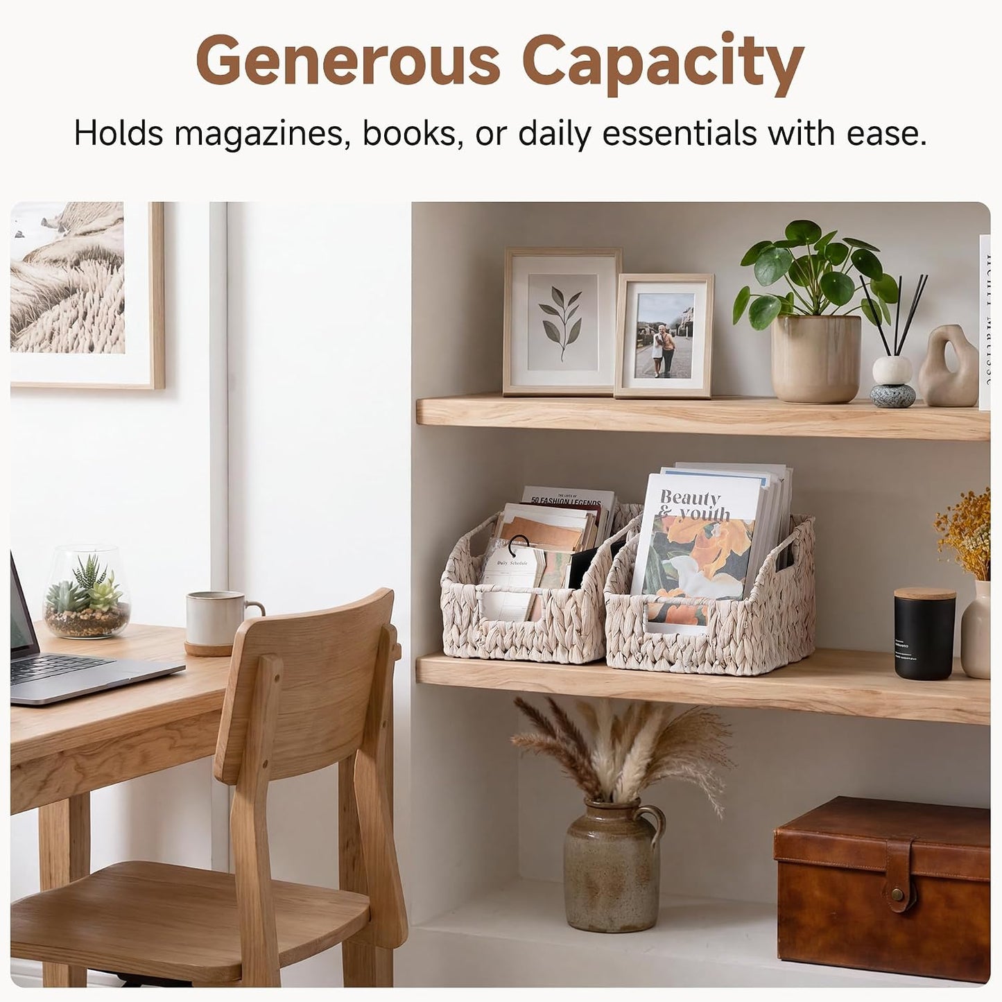 StorageWorks Water Hyacinth Pantry Storage Baskets, Wicker Baskets with Built-in Handles, Handwoven Shelf Baskets for Organizing, Pantry Organizers and Storage, 3 Pack