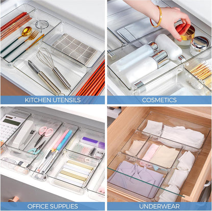 Ravinte 6 Pack Drawer Organizer - 3" X 9" Plastic Storage Bins, Acrylic Organizers with Non-Slip Pads Clear Desk Storage Tray for Makeup, Jewelries, Kitchen Utensils, Bathroom and Office