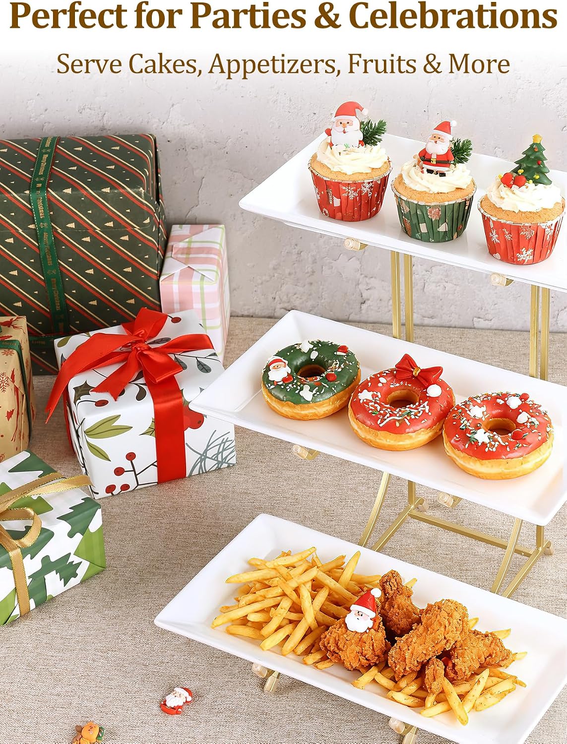 Yedio 3 Tier Serving Tray Set – 12 Inch Porcelain Serving Platters with Pre-Assembled Gold Metal Stand, No Installation Required, Tiered Tray for Dessert Fruit Food Display and Party Entertaining
