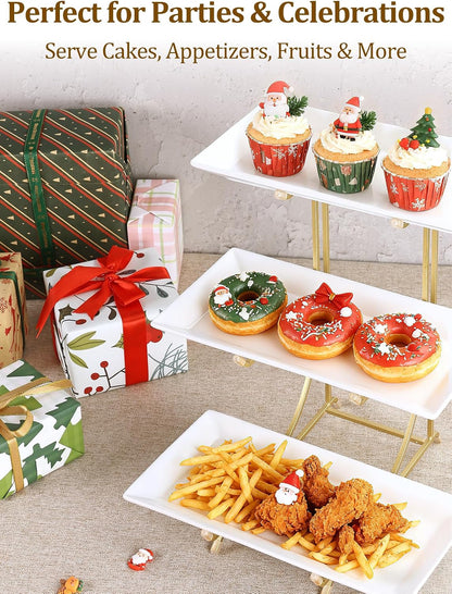 Yedio 3 Tier Serving Tray Set – 12 Inch Porcelain Serving Platters with Pre-Assembled Gold Metal Stand, No Installation Required, Tiered Tray for Dessert Fruit Food Display and Party Entertaining