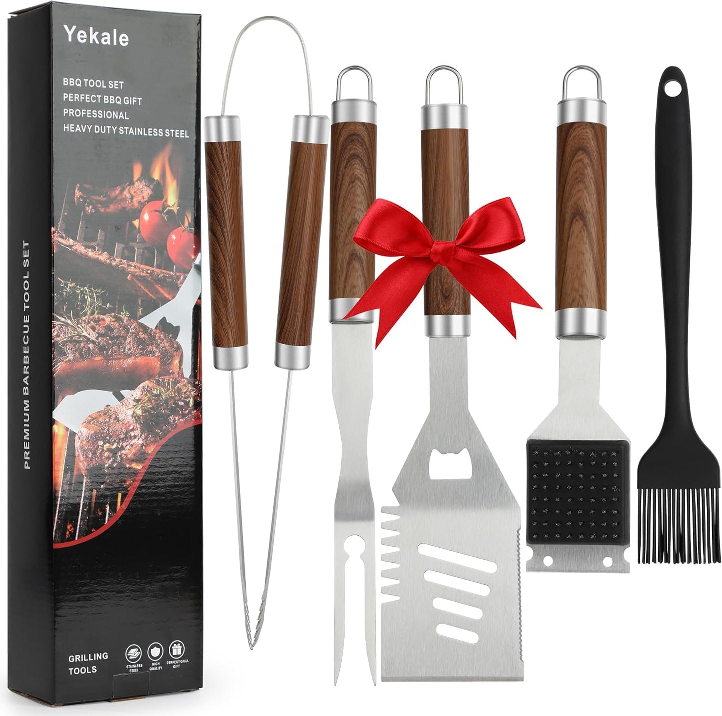 Yekale BBQ Grill Accessories Set, Grill Tools Grilling Accessories Grilling Gifts for Men - Spatula, Fork, Brush, Tongs & Cleaning Brush - Outdoor Barbecue Utensils Gifts for Men Dad Him (Sliver)