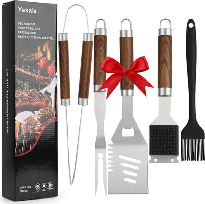 Yekale BBQ Grill Accessories Set, Grill Tools Grilling Accessories Grilling Gifts for Men - Spatula, Fork, Brush, Tongs & Cleaning Brush - Outdoor Barbecue Utensils Gifts for Men Dad Him (Sliver)